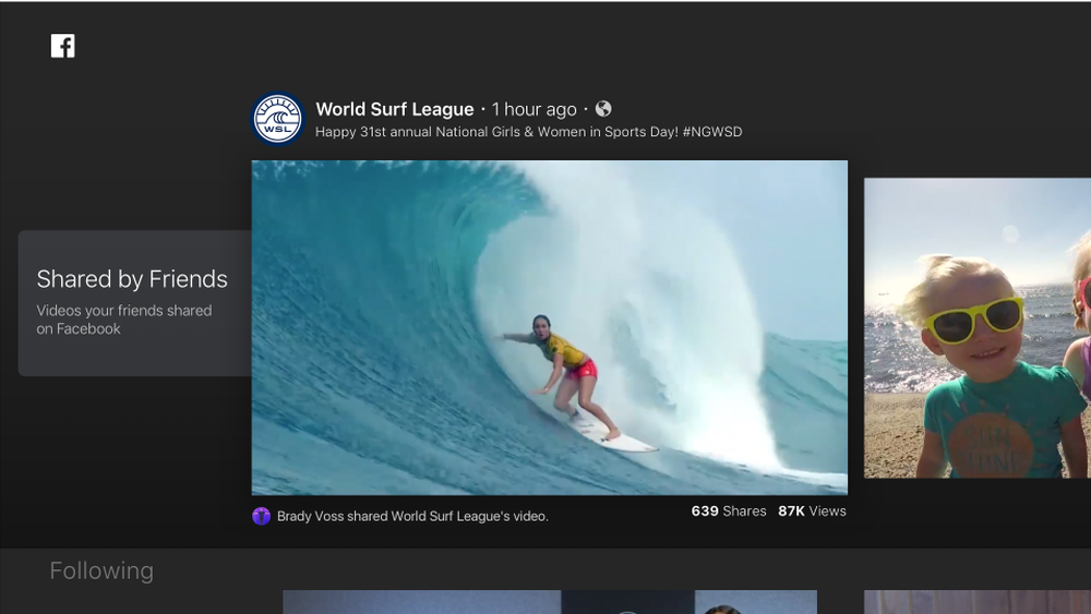 Tela do aplicativo do Facebook para Smart TVs mostra vídeos compartilhados por amigos (Foto: Divulgação/Facebook)